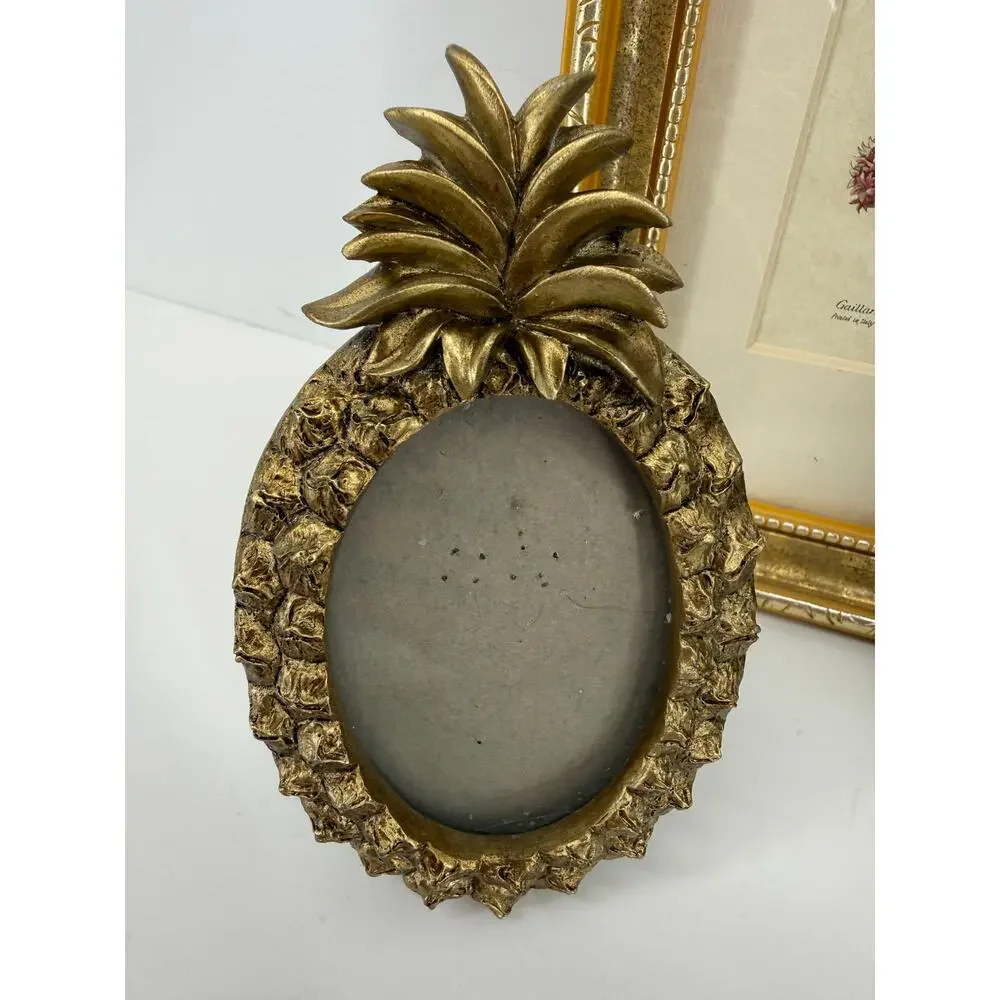 Gold Picture Frame Lot 3 Botanical Pineapple Floral Easel Wall Decor Eclectic